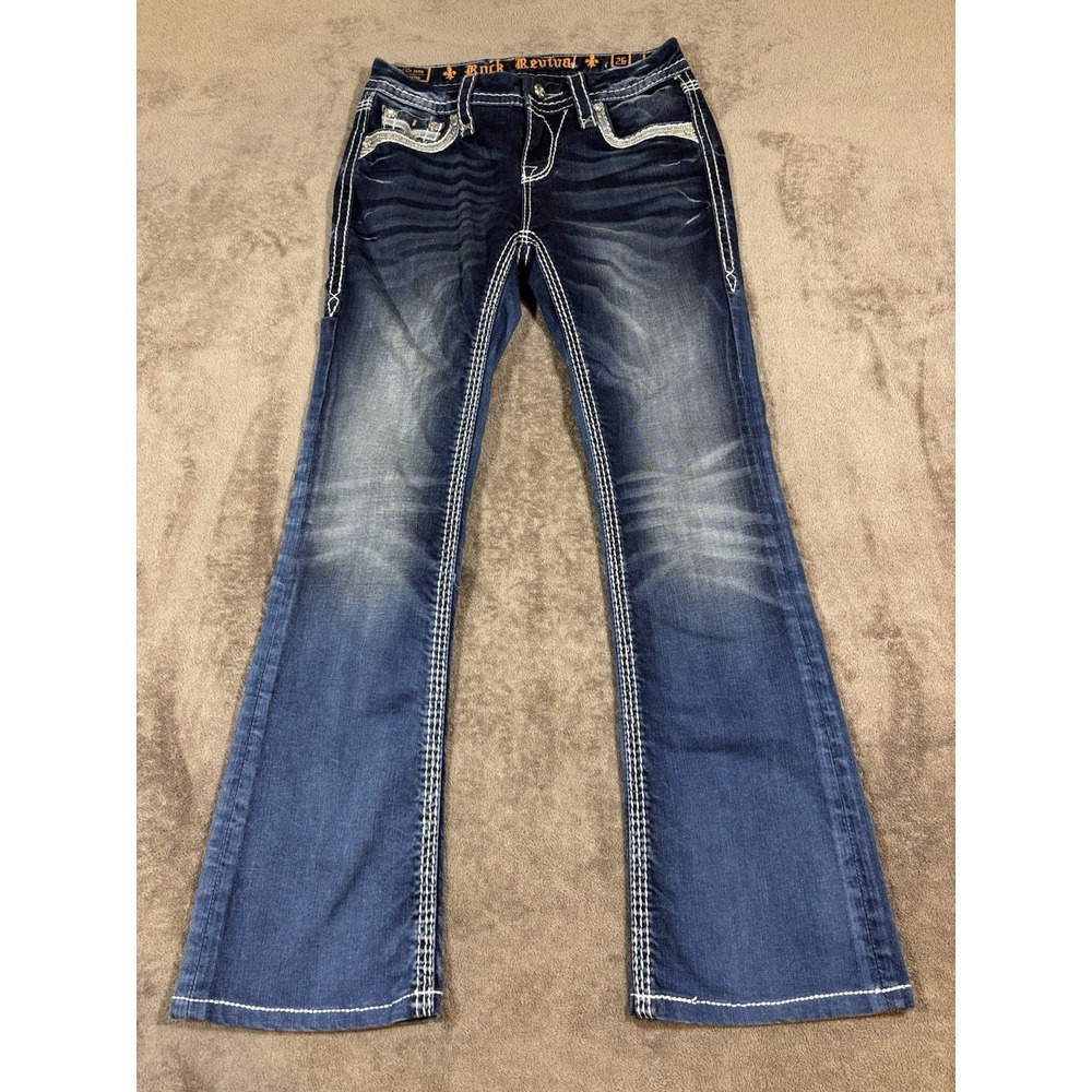 Rock Revival Sherry Mid Rise Bootcut Jeans Dark Wash Embroidered Size 26